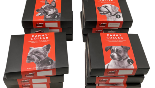 Each package contains a different image of a representative dog breed per size and a QR code that links to a 30-second video on how to put on and use the collar.